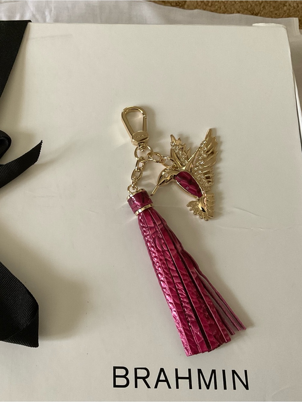 Beautiful Brahmin Magenta Tassel Keychain with Gold Hummingbird Charm
